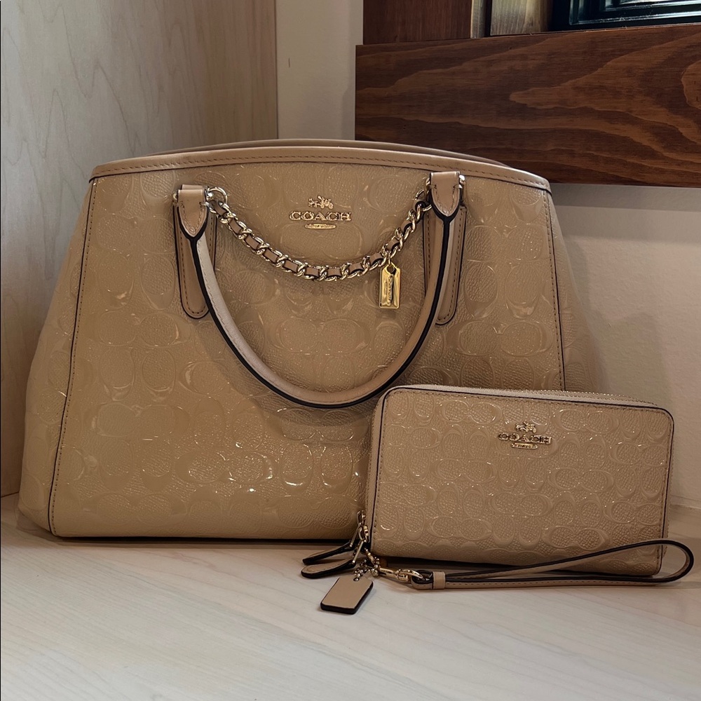 Coach Beige Embossed Tote and Wallet Set
